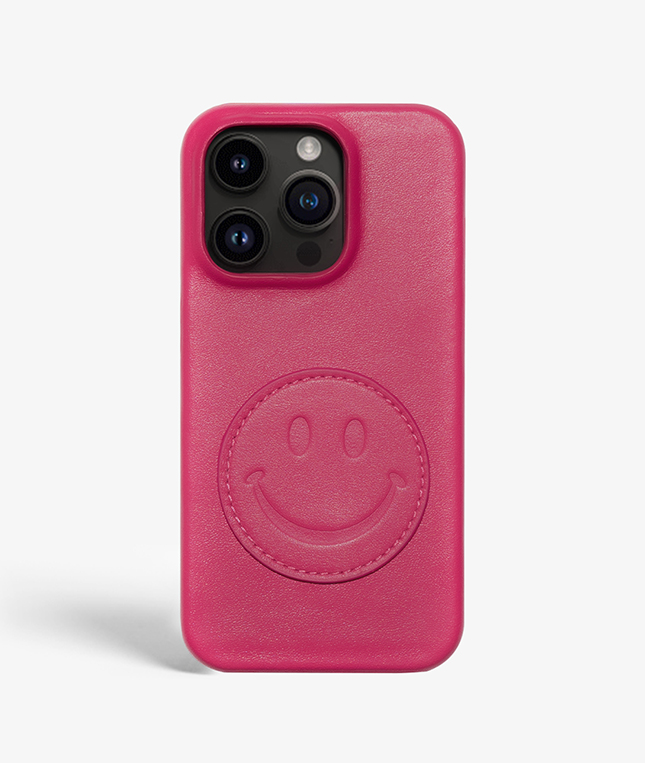 iPhone 14 Pro Mobilskal Lder Smiley Rosa