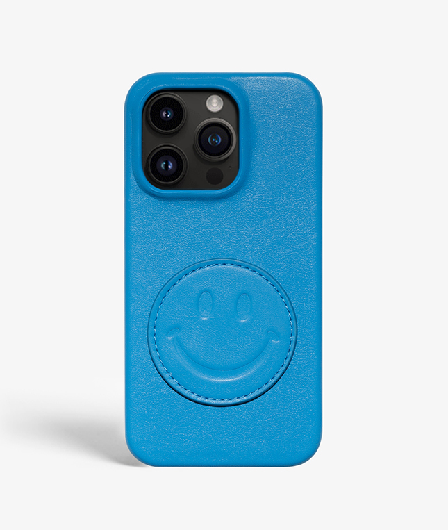 iPhone 14 Pro Max Leather Case Smiley Blue