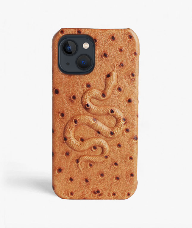 iPhone 13 Leather Case Snake Ostrich Brown